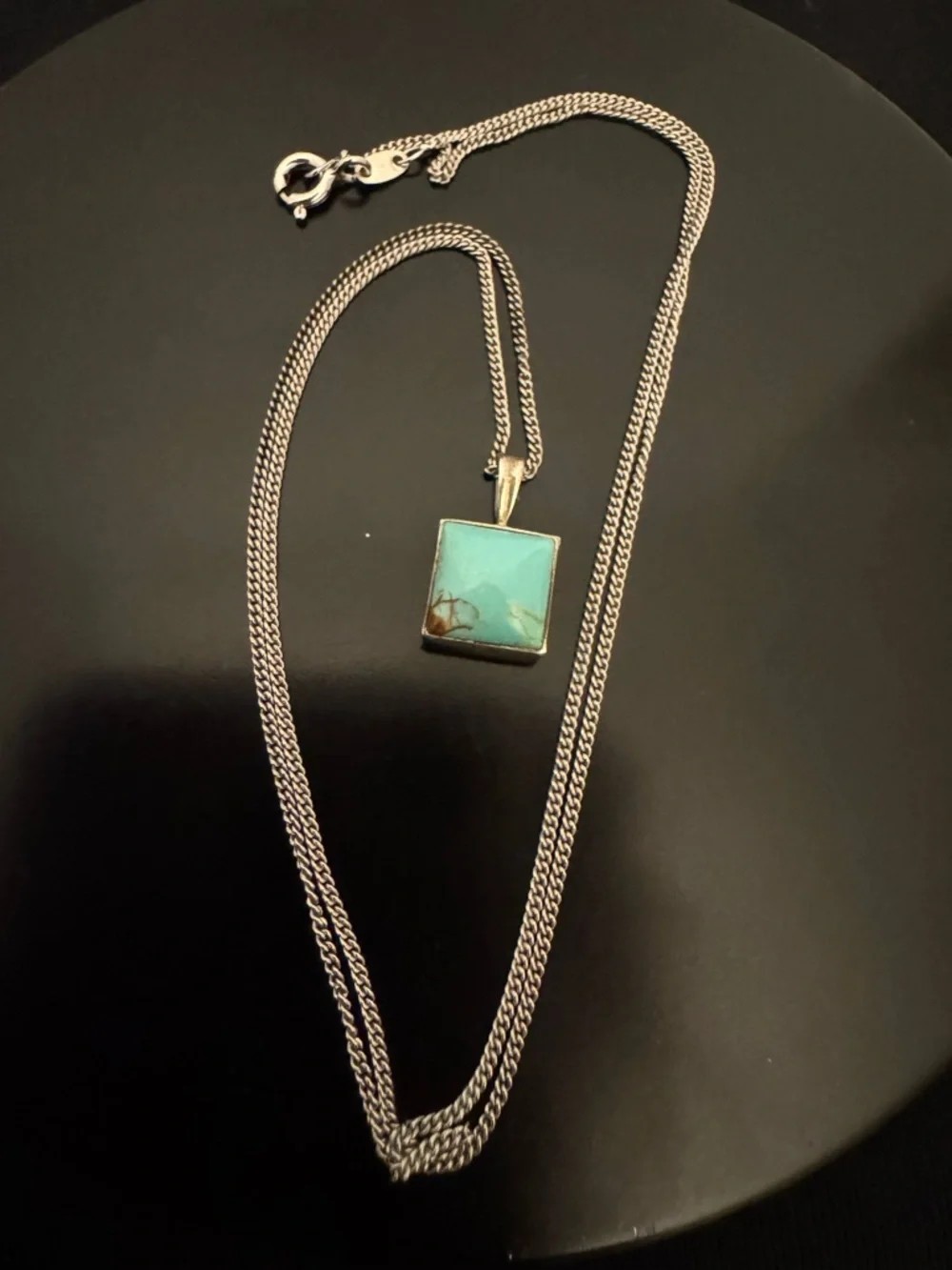 Minimalist Turquoise Square Pendant Necklace Sterling Silver Signed Artisan - Picture 6 of 7